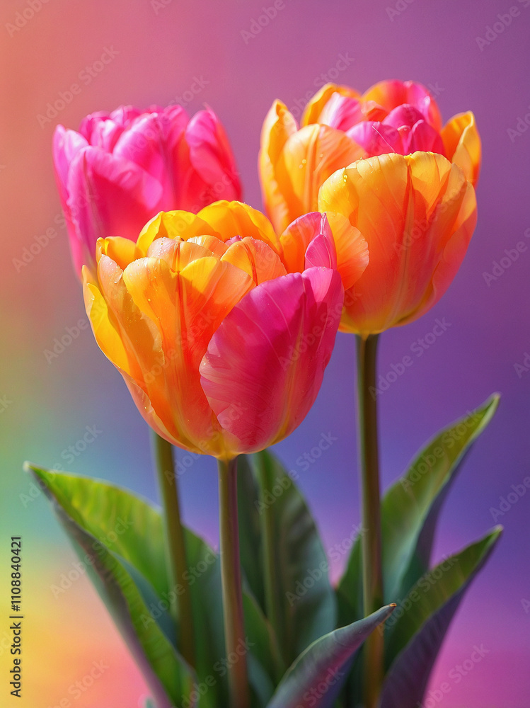 Obraz premium Close-up view of vibrant tulip flowers in full bloom with warm hues of pink and yellow