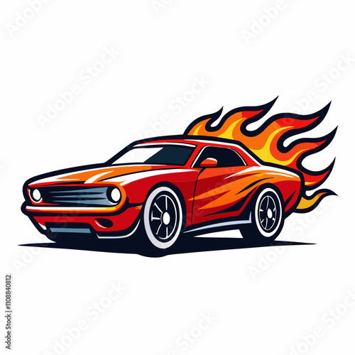 Fiery Muscle Car:  A red, sleek muscle car, spewing flames from its tailpipe, embodies speed and power, capturing the thrill of the open road and the excitement of a high-performance engine.  photo