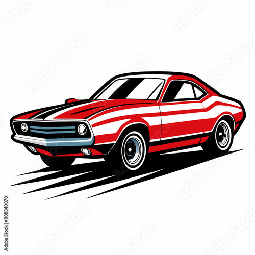 Classic Muscle Car: Red and white vintage coupe illustration, classic car design, speed, power, freedom, driving, retro, automobile, vehicle, transportation, hot rod, muscle car, American car.