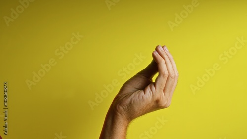 Obraz na plátne Hand making italian gesture against vibrant yellow background in a close-up imag