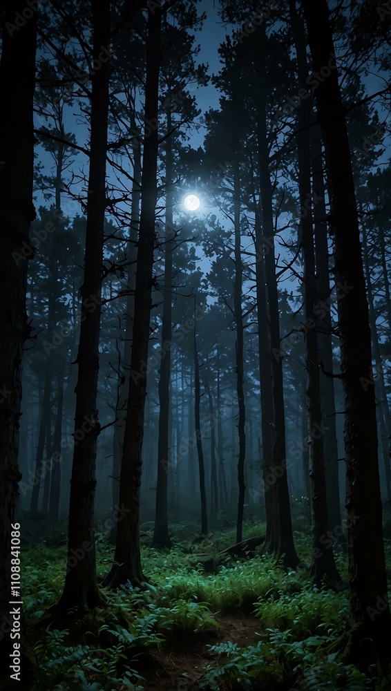 Fototapeta premium Serene ancient forest with moonlit twilight.