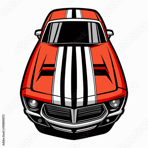 Classic Muscle Car:  A bold red classic muscle car with white racing stripes,  front view with a powerful presence.  This iconic design captures the spirit of speed, power, and nostalgia.  