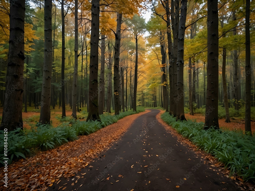 Fototapeta premium Serene forest path surrounded by tall trees and autumn leaves.