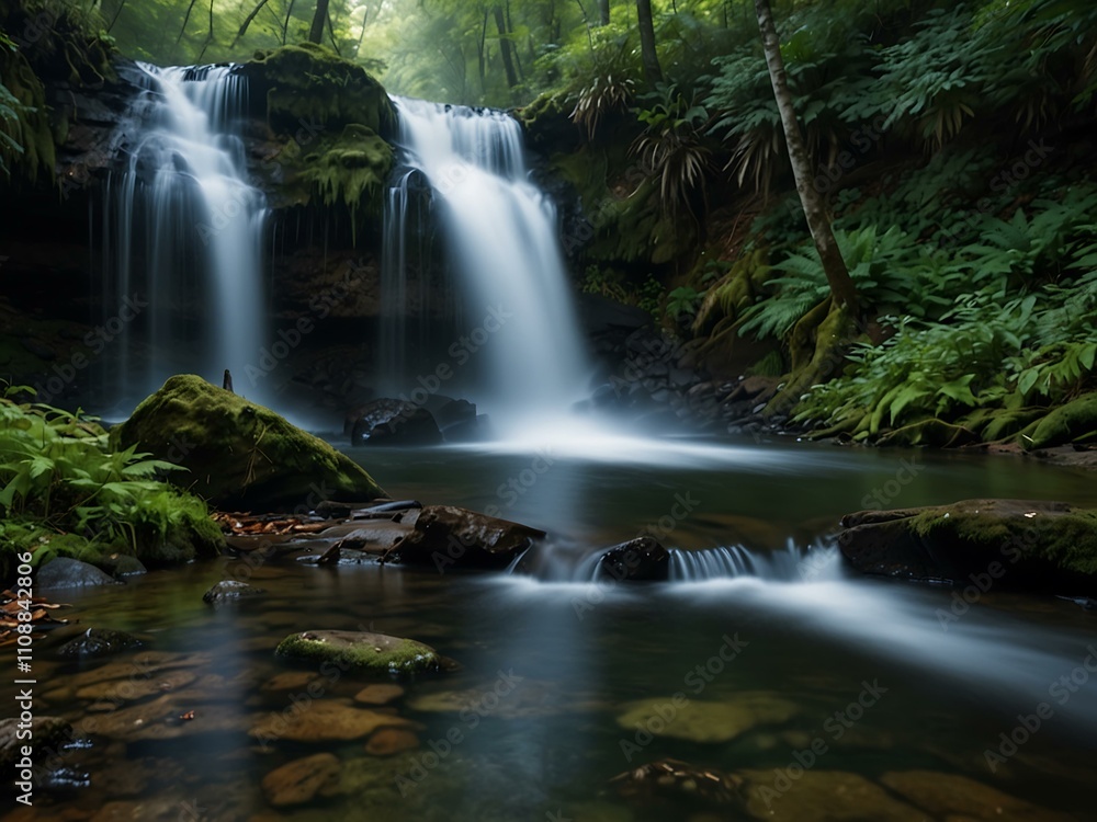 Obraz premium Serene forest waterfall.