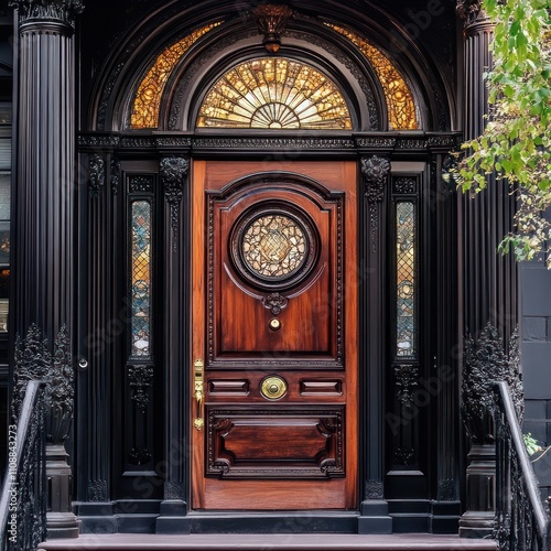 Elegant Victorian-style door with intricate carvings, stained glass windows, dark wood finish,