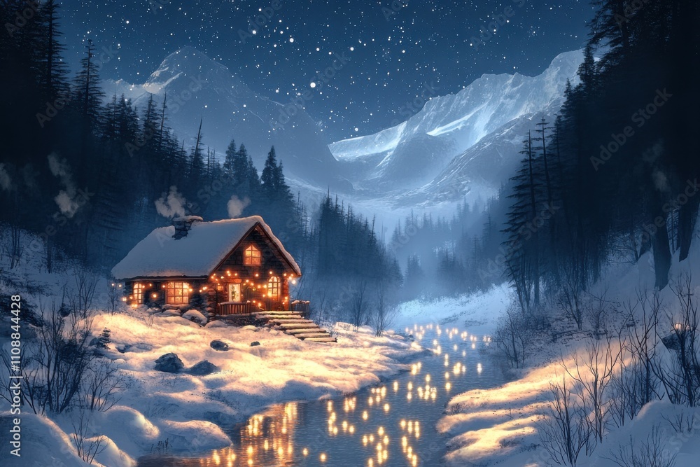 Fototapeta premium Fabulous winter scenery with cozy cottage decorated with garlands. The reindeer stands against the background of snow-covered forest, creating an atmosphere of magic and celebration.