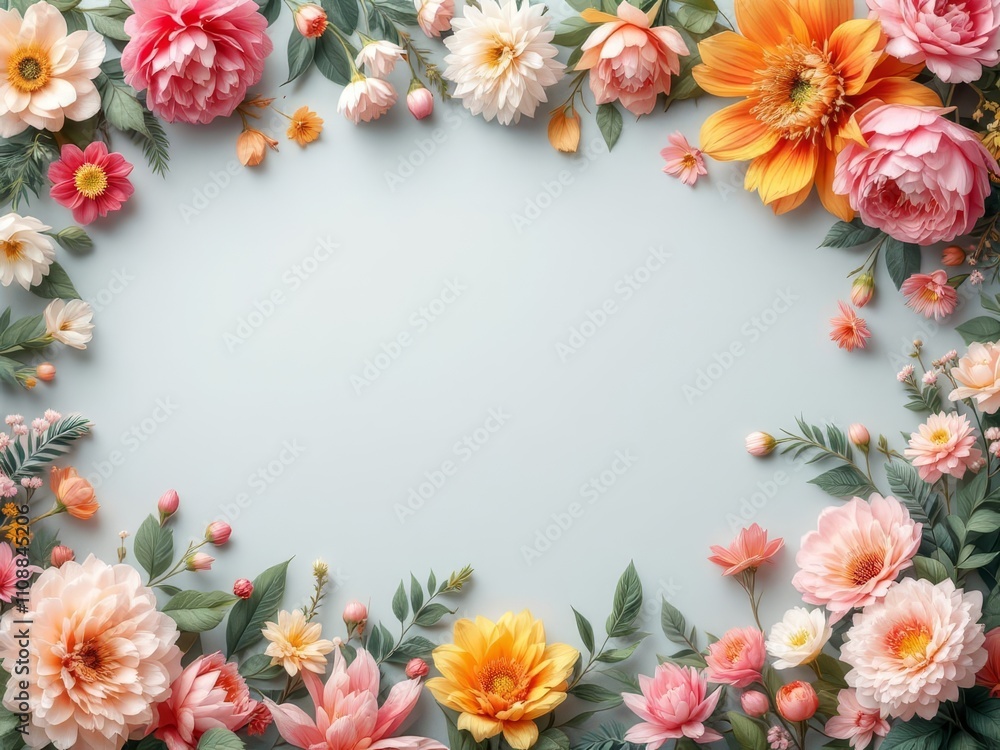Fototapeta premium Gray background, featuring a spring floral border.