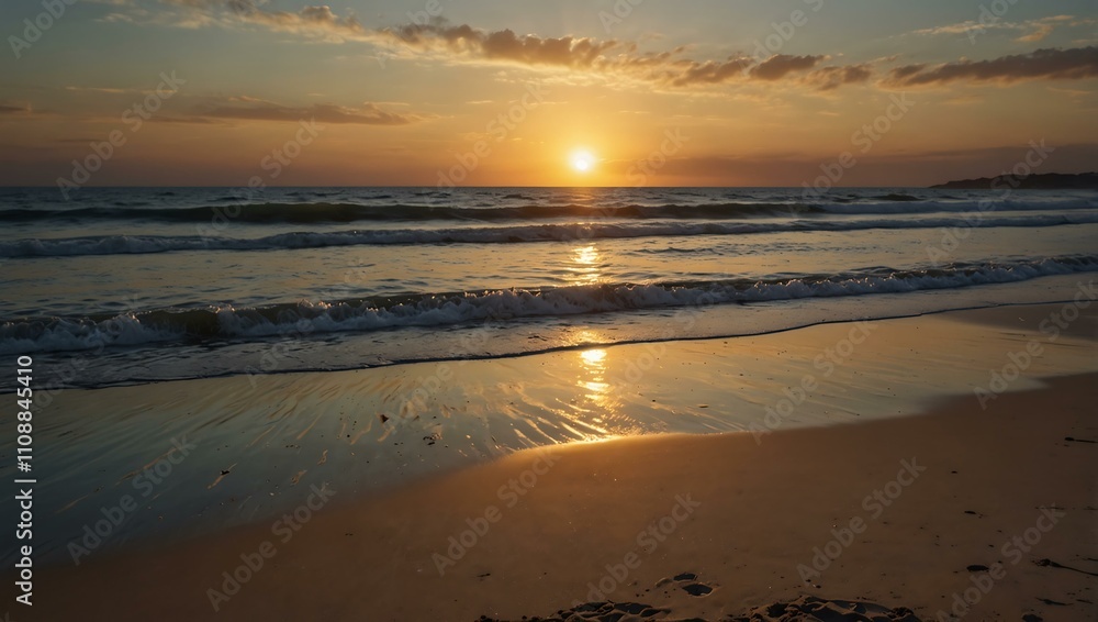 Serene sunset over a beach with calm waves. Serene sunset over a beach with calm waves.