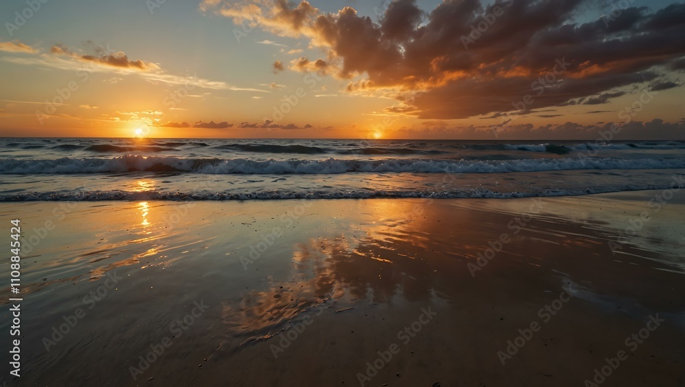 Obraz premium Serene sunset over a beach with calm waves.