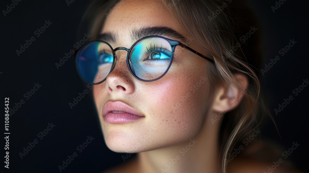 Fototapeta premium Portrait of a Young Woman with Glasses, Looking Upward