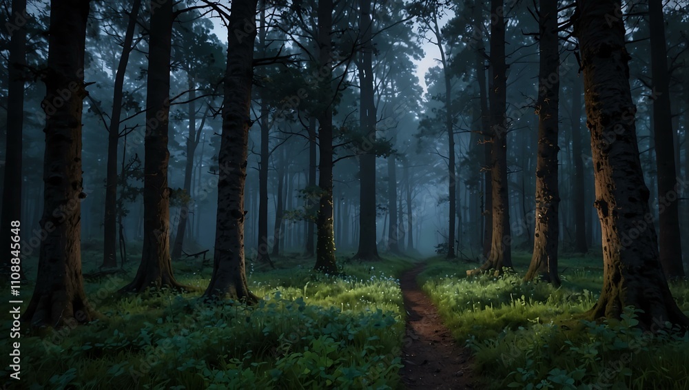 Fototapeta premium Serene twilight in an ancient enchanted forest.