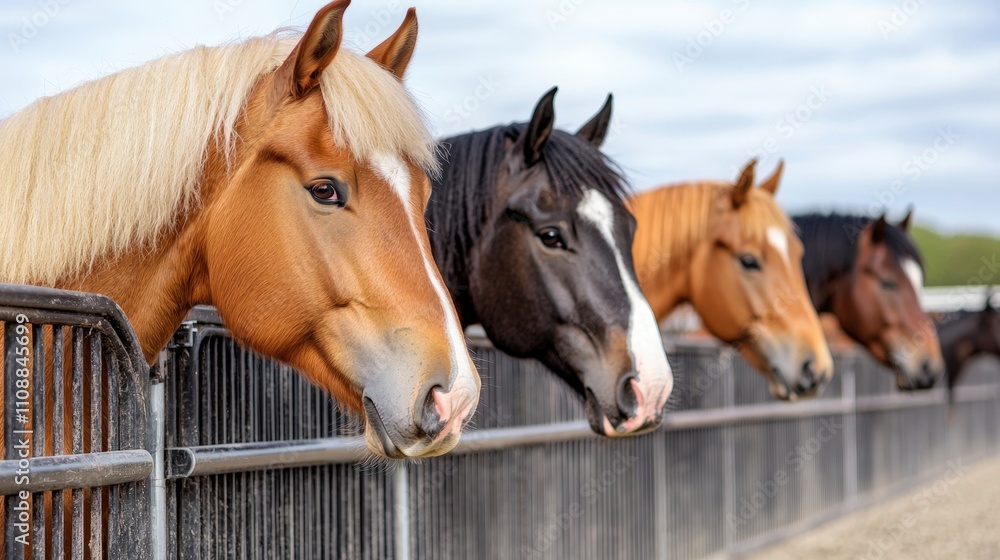 Fototapeta premium Beautiful Horses in Stable Ranch Animals Equestrian Farm Scene