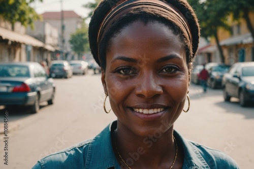 Close portrait of a smiling 40s Haitian woman looking at the camera, Haitian city outdoors  blurred background photo