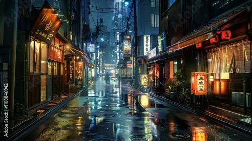 A rainy, neon-lit city street at night with reflections on the wet pavement, showcasing vibrant signs and a futuristic atmosphere