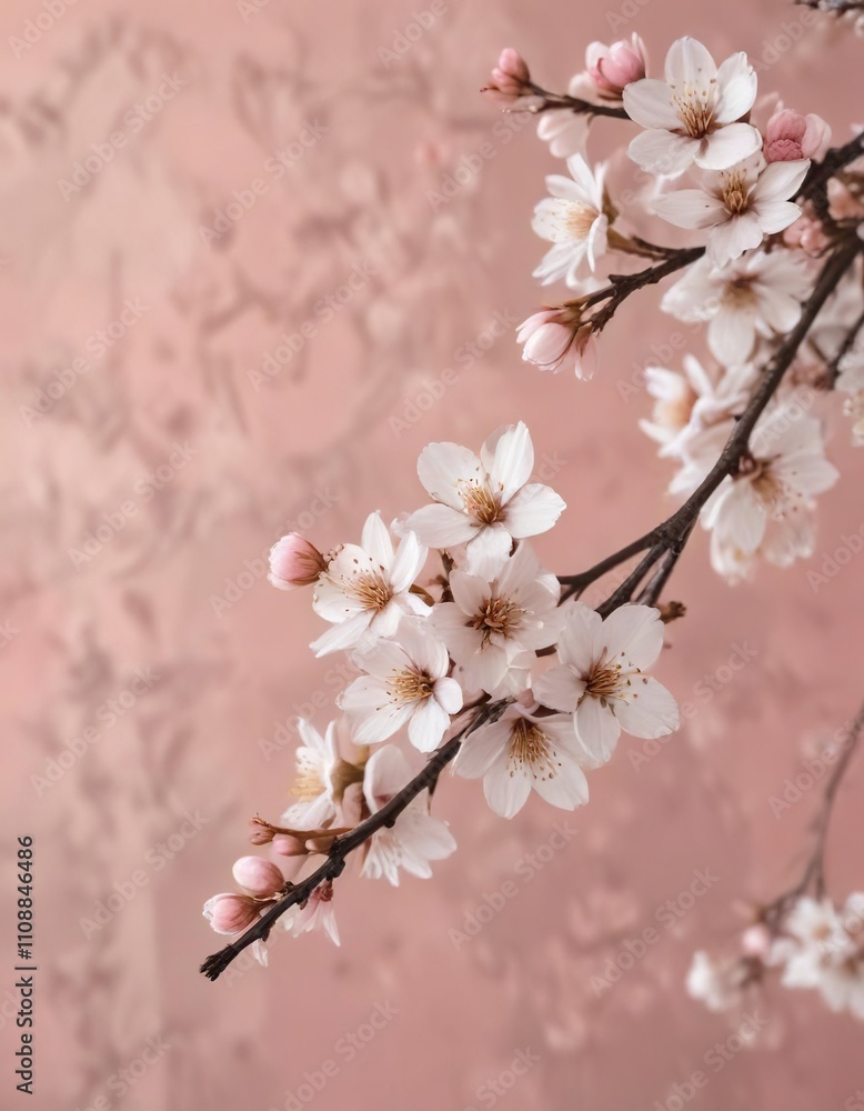Obraz premium Sparse white cherry blossoms on blush pink backdrop, Blossom tree, Japanese culture, botanical