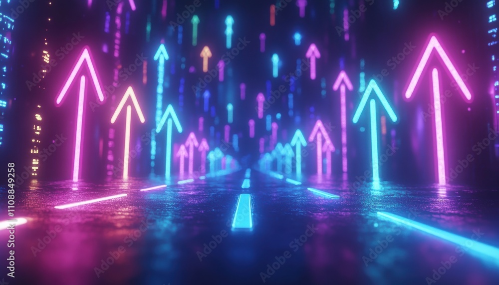 Vibrant Neon Arrows Illuminating Urban Roadway at Night with Abstract Reflections and Dynamic Colors Creating a Futuristic Atmosphere for Technology and Innovation Themes Vibrant Neon Arrows Illuminating Urban Roadway at Night with Abstract Reflections and Dynamic Colors Creating a Futuristic Atmosphere for Technology and Innovation Themes