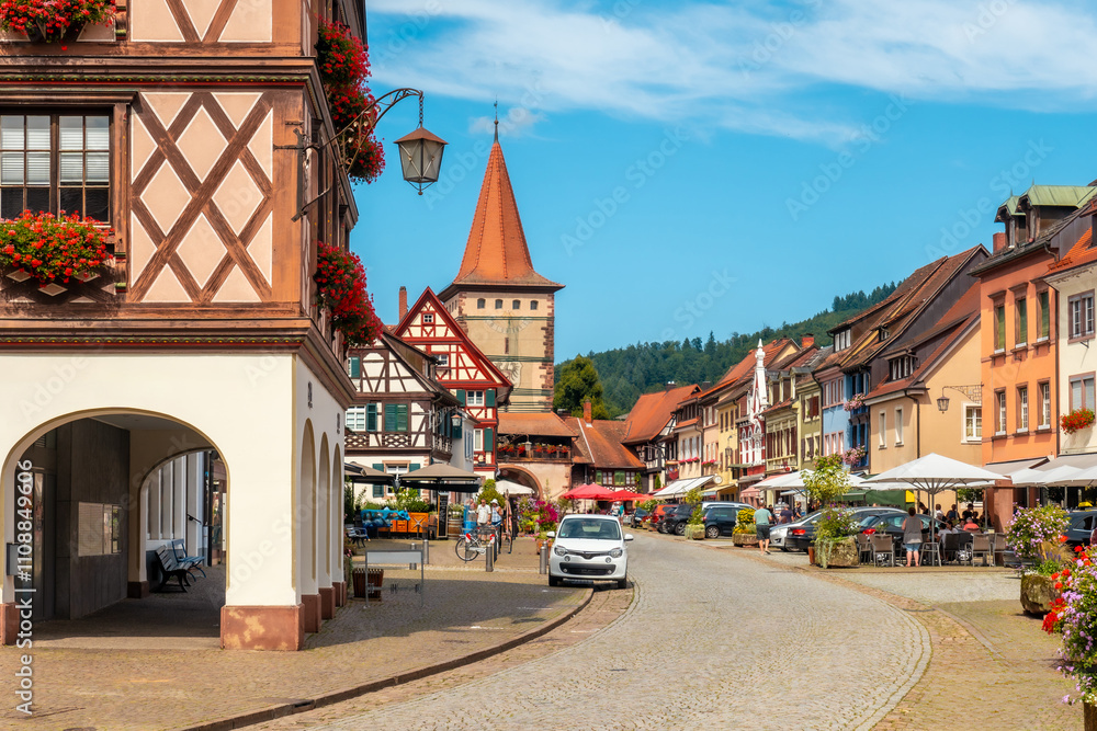 Obraz premium Landscape of the Obertorturm tower on Victor-Kretz-Straße in the old town of Gengenbach in the Black Forest, Germany