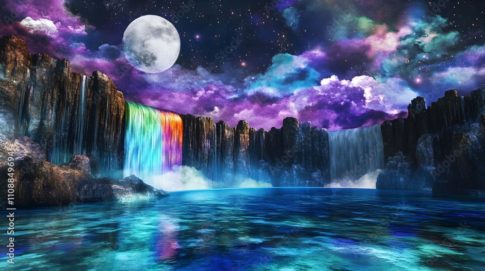 Fototapeta premium Surreal night scene with colorful waterfalls cascading into a tranquil pool under a full moon and vibrant sky.