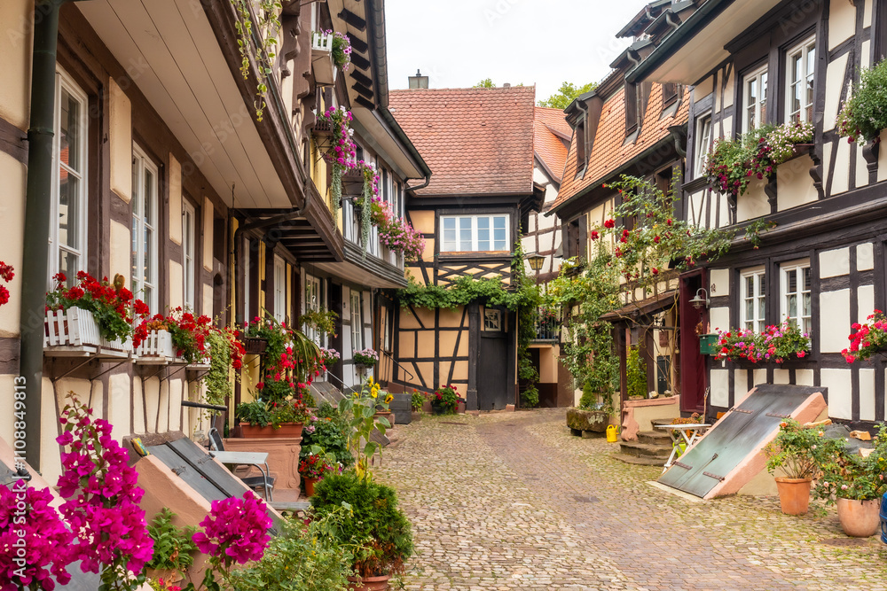 Fototapeta premium Beautiful medieval village in the old town of Gengenbach in the Black Forest, Germany, family vacation concept