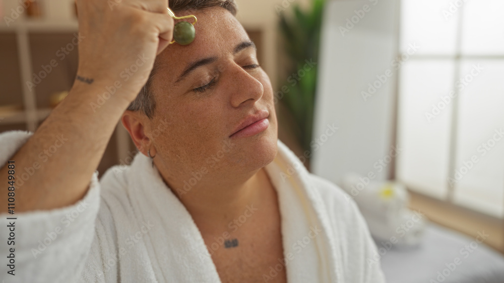 Young man enjoying a relaxing massage in a spa room wearing a white robe with a background of wellness interior and soft lighting enhancing his serene facial expression Young man enjoying a relaxing massage in a spa room wearing a white robe with a background of wellness interior and soft lighting enhancing his serene facial expression