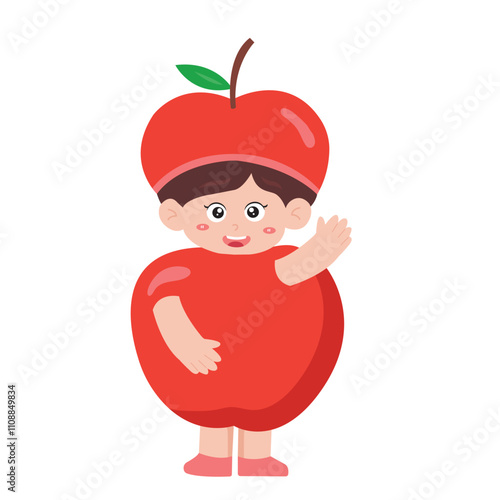 A child happily waves wearing a red apple costume. perfect for autumn promotions, kids events, school activities, fruit themed designs, and healthy lifestyle concepts