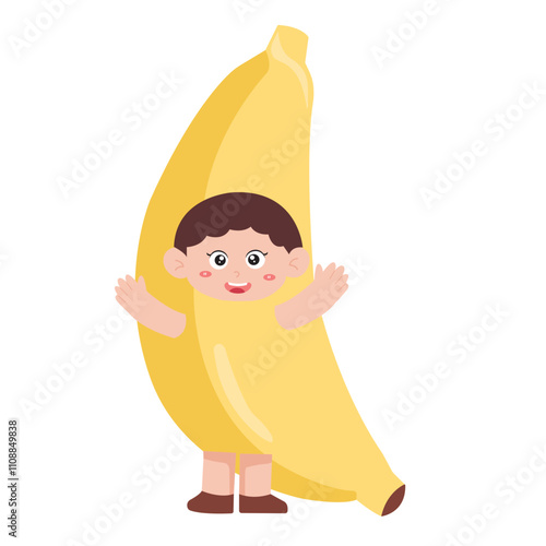 Happy child wears large banana costume happily waving. perfect for autumn promotions, kids events, school activities, fruit themed designs, and healthy lifestyle concepts