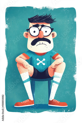 Grumpy. A quirky cartoon of a sporty character with glasses and a mustache, sitting in a playful pose, wearing a blue shirt and soccer socks against a vibrant background. photo