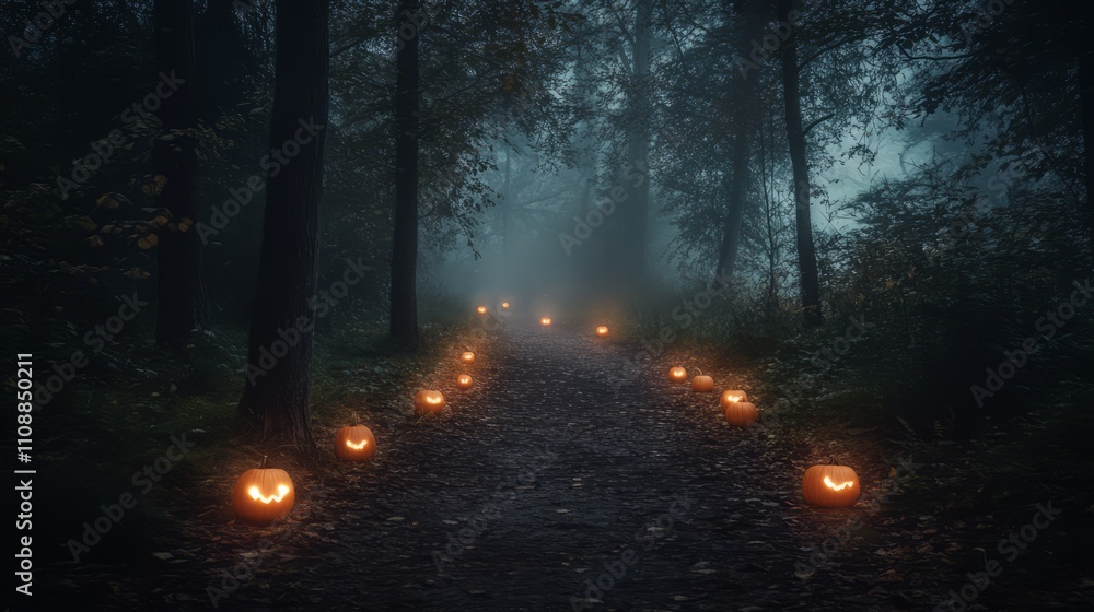 A path through a dark, fog-filled forest with glowing pumpkins lining the way A path through a dark, fog-filled forest with glowing pumpkins lining the way