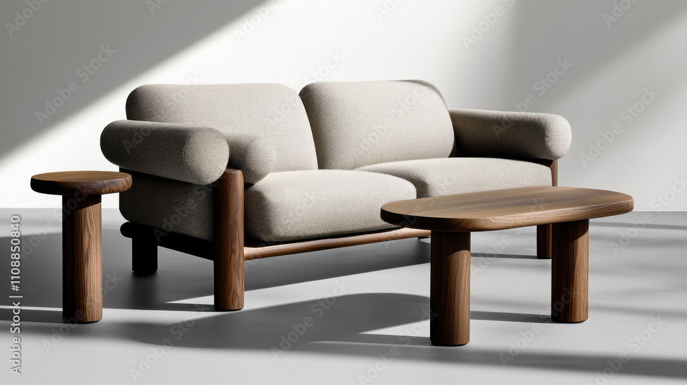Fototapeta premium Modern sofa and coffee tables minimalist living room furniture design bright atmosphere