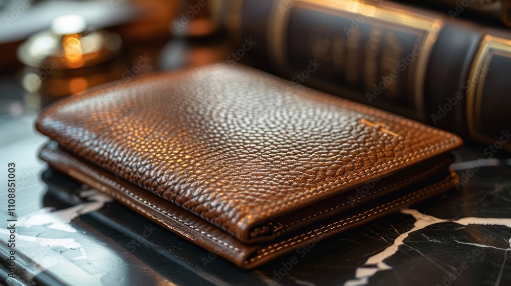 Close-up of a brown leather wallet on a marble surface near books. Close-up of a brown leather wallet on a marble surface near books.