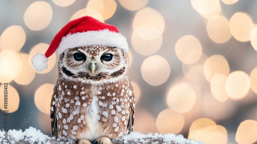 Obraz premium A festive owl wearing a Santa hat sits on snow, surrounded by soft, blurred lights, capturing the cozy spirit of the holiday season.