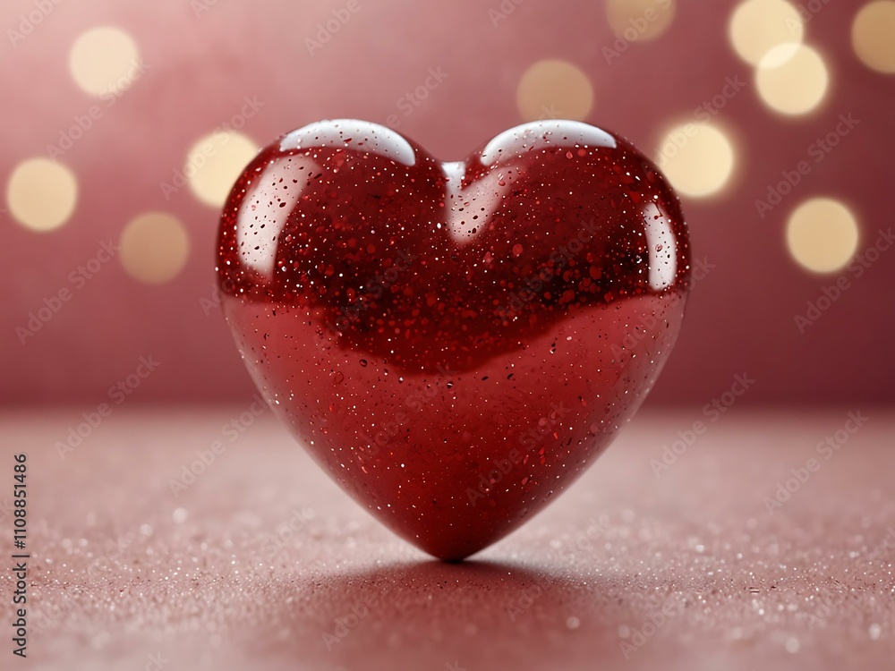 Fototapeta premium Shiny red heart on a pink glittery background.