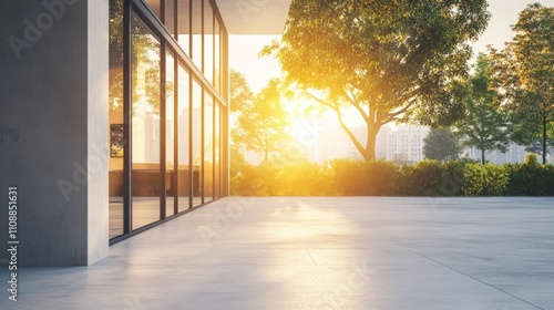 Modern Office Exterior with Large Windows and Nature