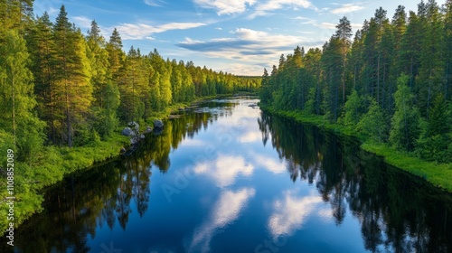 A peaceful river winding through a dense forest, reflecting the trees on its surface. without people, one color background
