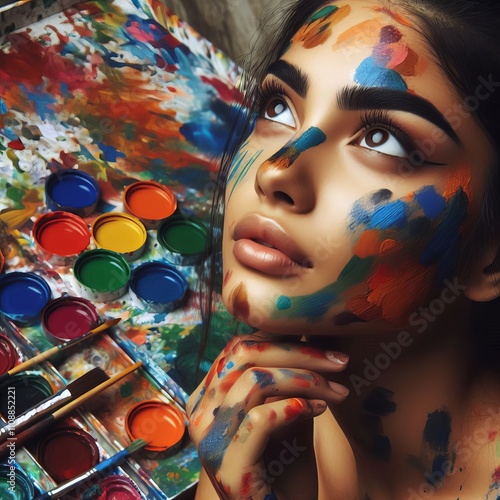 151 Artist with Paint on Face Colorful paint smudges looking upw photo