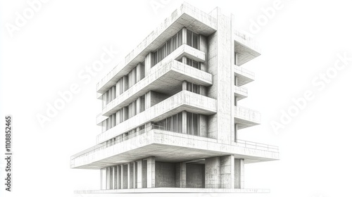 Modern Skyscraper with Balconies and White Background