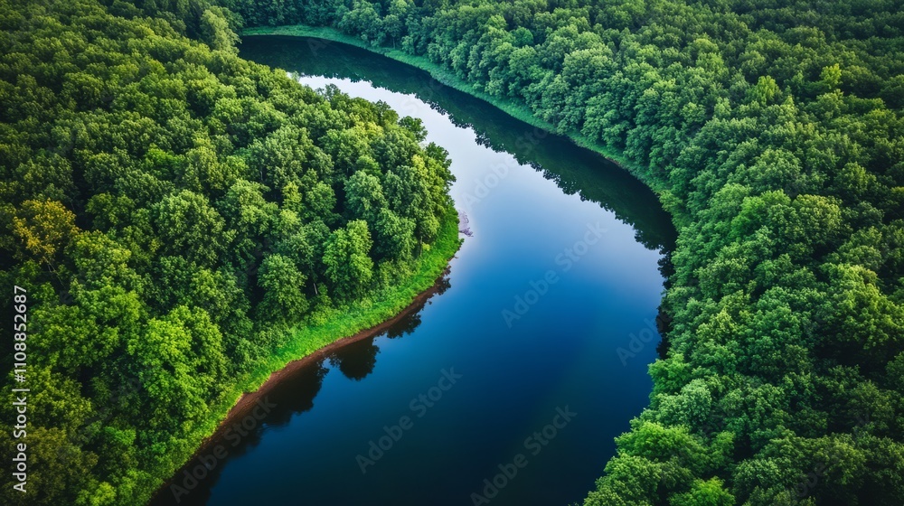 A peaceful river winding through a dense forest, reflecting the trees on its surface. without people, one color background A peaceful river winding through a dense forest, reflecting the trees on its surface. without people, one color background