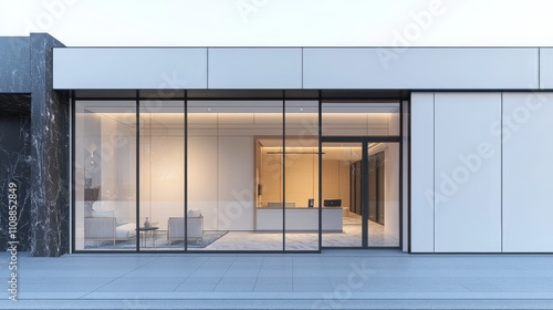 Modern Storefront with Glass Doors and White Exterior