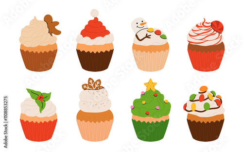 Christmas cupcakes with festive decoration. Santa hat, christmas tree, snowman, peppermint topping and icing. Merry Christmas. Xmas sweets Vector illustrations.