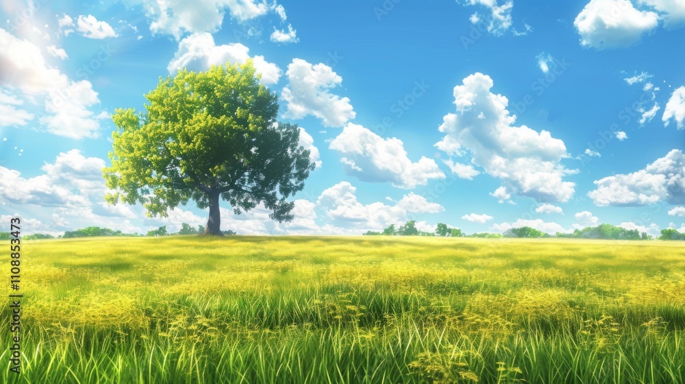 Fototapeta premium A serene meadow with tall grass, wildflowers, and trees under a bright blue sky with fluffy clouds and birds flying