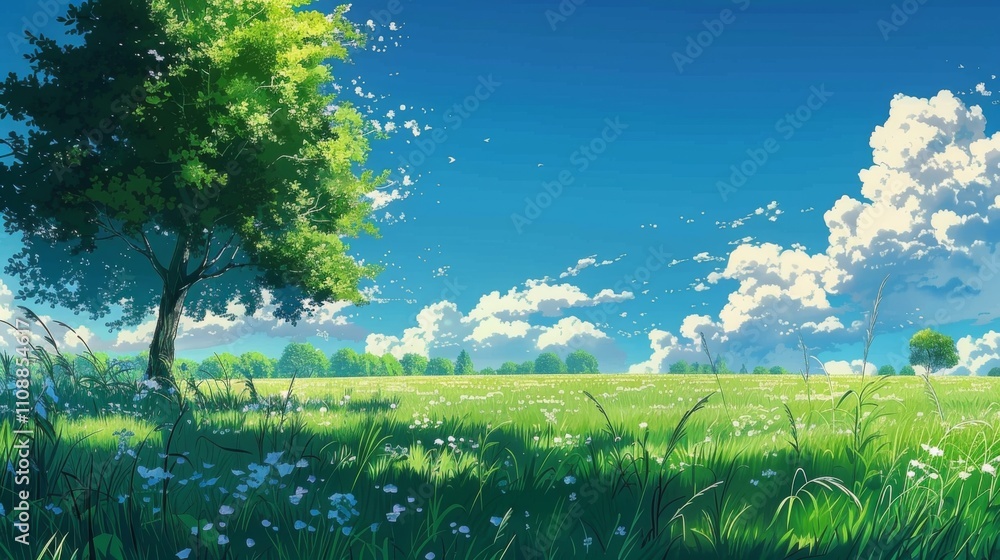 Fototapeta premium A serene meadow with tall grass, wildflowers, and trees under a bright blue sky with fluffy clouds and birds flying