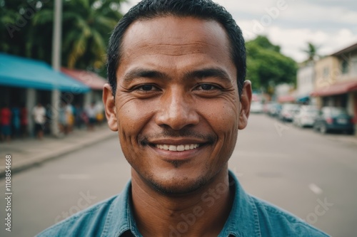 Close portrait of a smiling 40s Marshallese man looking at the camera, Marshallese city outdoors  blurred background photo