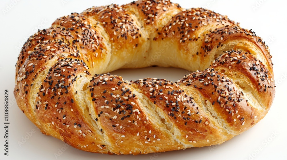 A golden, circular bread roll topped with sesame and poppy seeds, showcasing a braided design and a soft, fluffy texture. A golden, circular bread roll topped with sesame and poppy seeds, showcasing a braided design and a soft, fluffy texture.