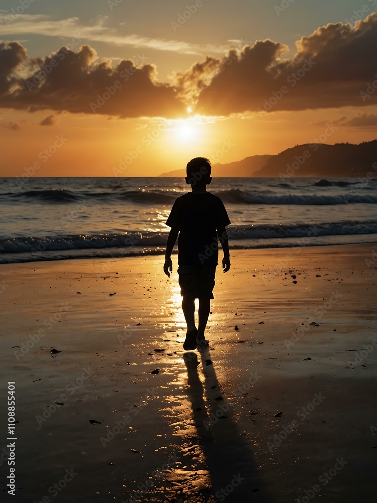 Naklejka premium Silhouette of a boy walking into a sunset by the ocean.