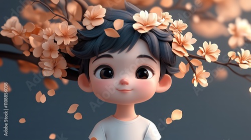 Whimsical child with cherry blossom crown amidst falling petals photo