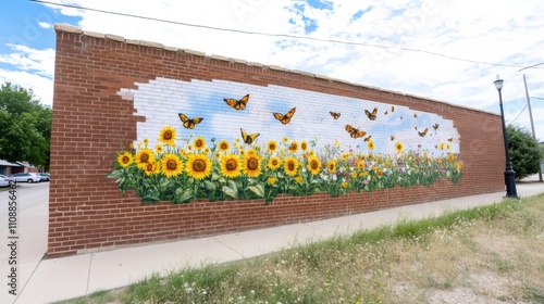 local kansas mural, a historical mural in a small kansas town depicts iconic elements like sunflowers, meadowlarks, prairies, and pioneers on a brick wall