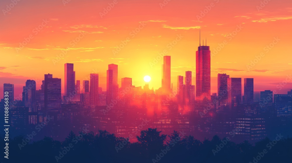 Vibrant sunset over a modern city skyline with silhouettes of buildings and trees. Vibrant sunset over a modern city skyline with silhouettes of buildings and trees.