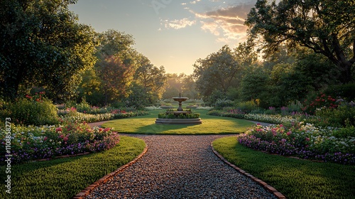 Traditional estate garden organicshaped lawns flowering shrubs and classical features like a stone fountain and winding gravel paths blending charm with grandeur photo