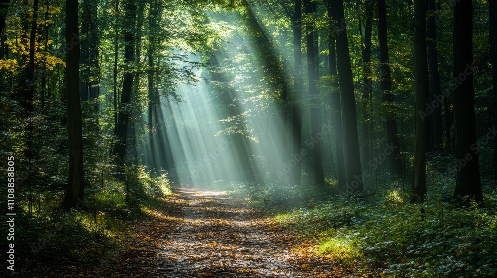 Fototapeta premium A quiet, winding forest path surrounded by tall trees and soft sunlight