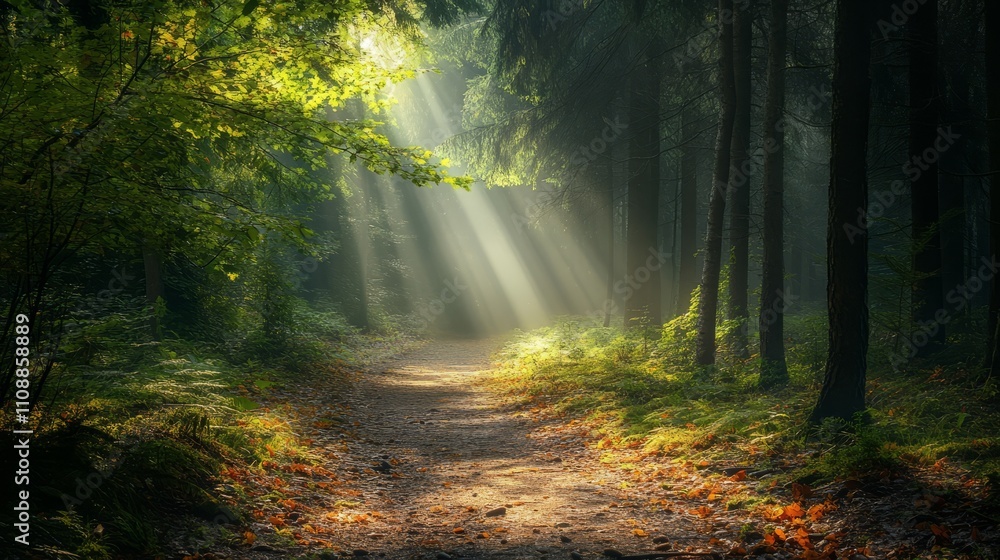 Fototapeta premium A quiet, winding forest path surrounded by tall trees and soft sunlight